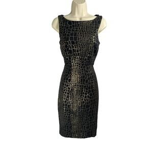 Cache Dress Womens 2 Black Gold Print Fitted Pencil Sleeveless Party Vintage USA
